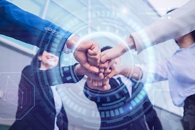 Students and professionals joining hands over a digital technology overlay