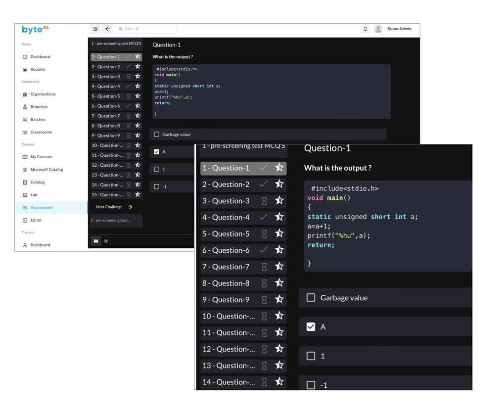 byteXL assessment screen showing a multiple-choice coding question beside the code editor