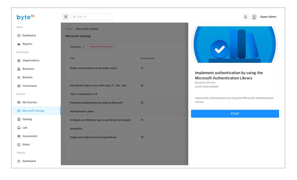 Microsoft course catalog inside the byteXL platform