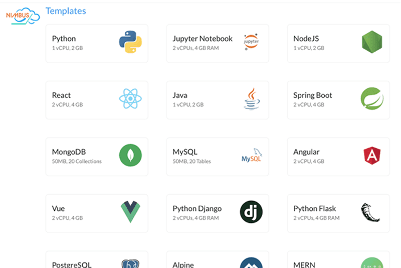 Nimbus template picker offering enterprise and mobile application starters