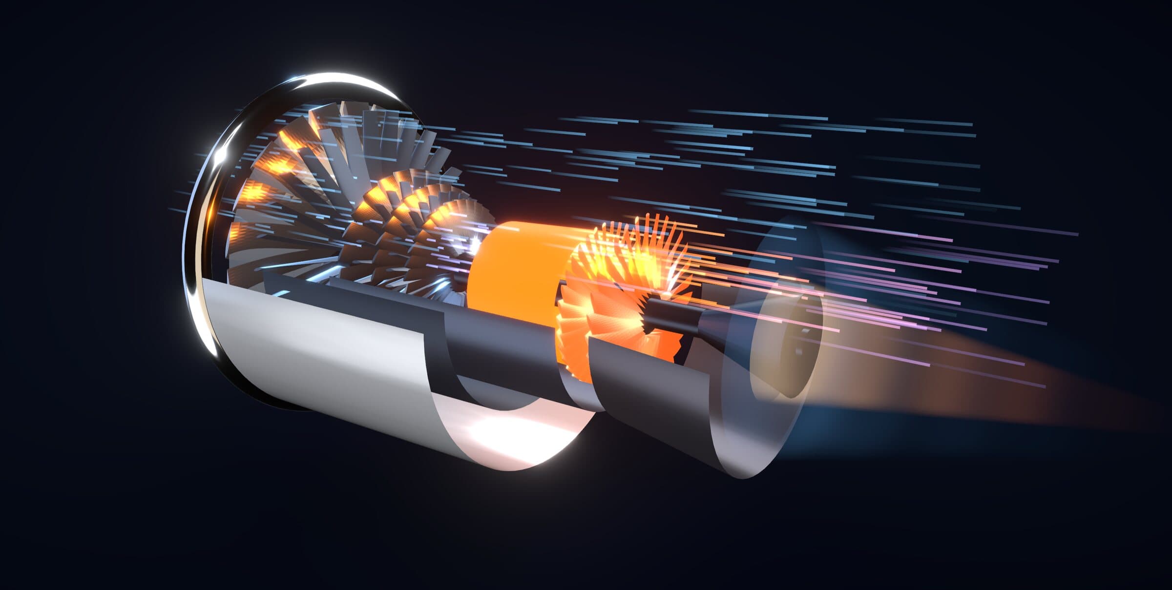 The Turbofan Jet Engine lab at takeoff thrust: a 3D cut-away with glowing combustion and exhaust streaming out of the back.