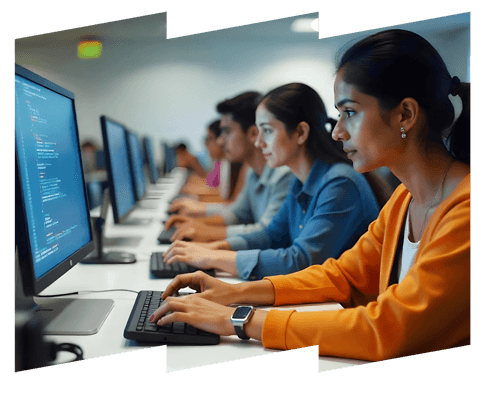 Engineering students coding at workstations in a byteXL partner campus lab